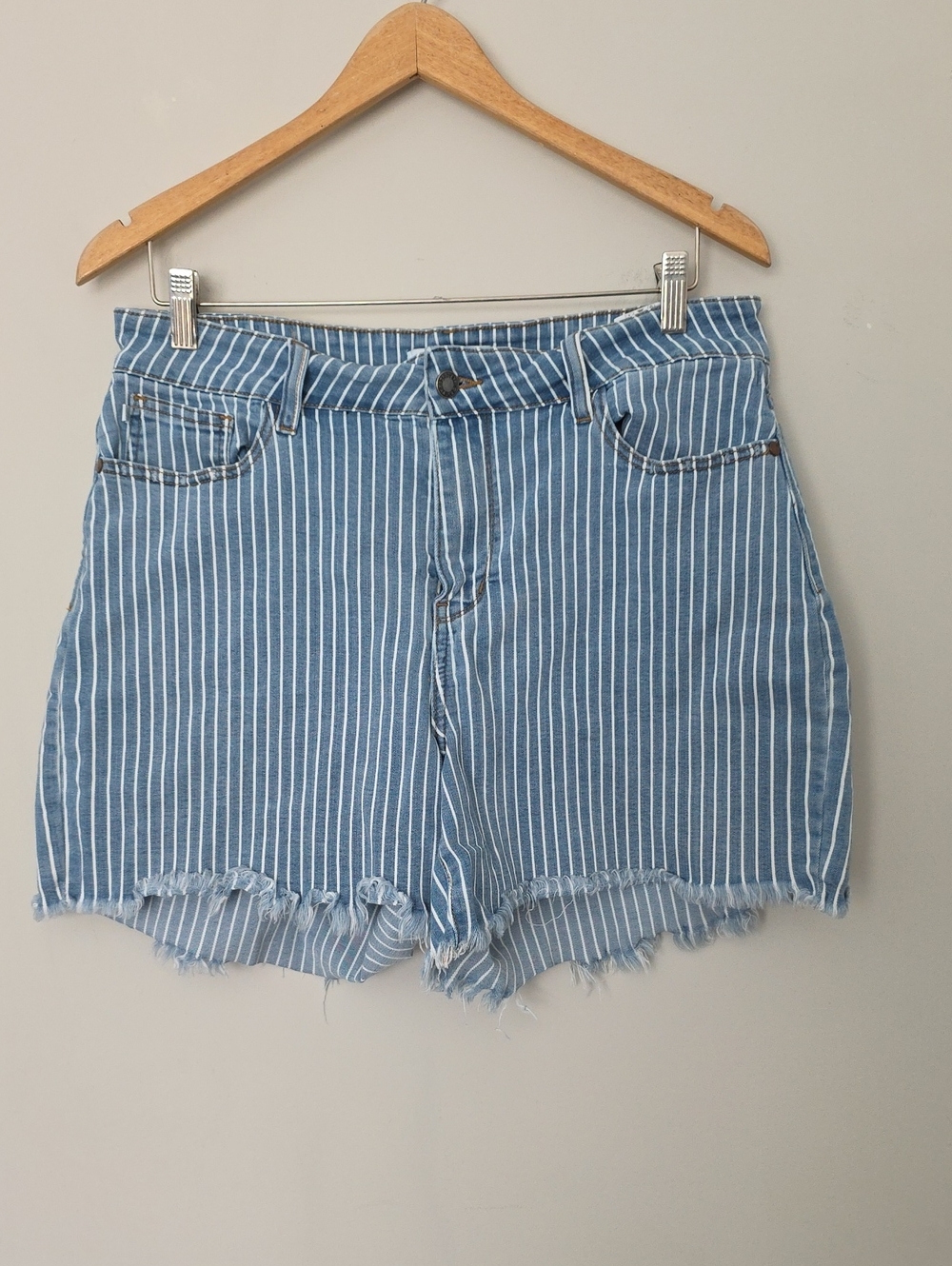 Judy Blue Blue And White Cut Off Raw Hem High Waist Pinstripe Shorts